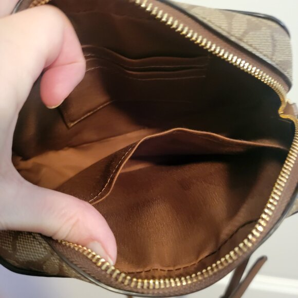 COACH Mini Camera Bag In Signature Canvas Khaki Saddle - Picture 15 of 16